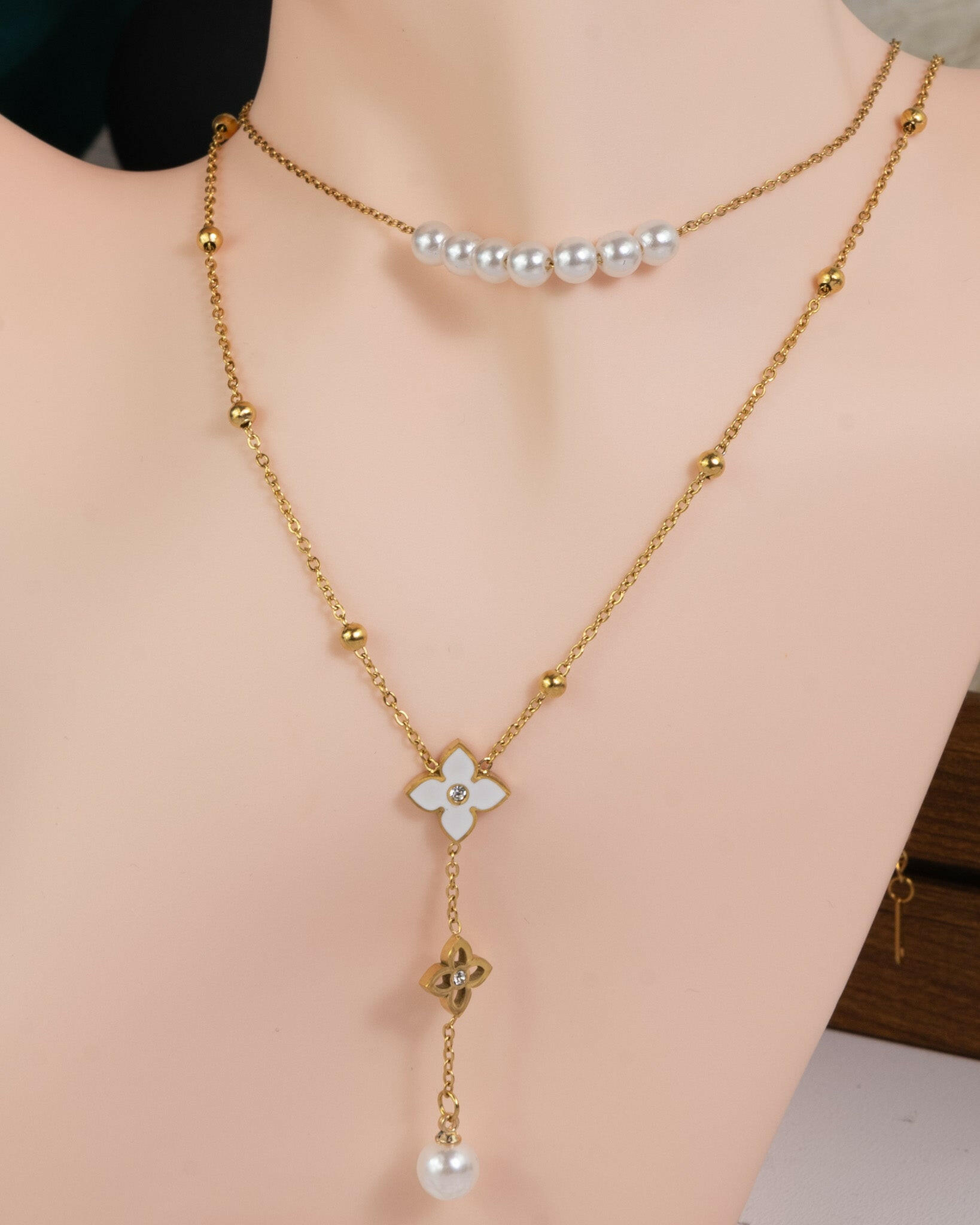 Lucky Clover Pearl Cascade-Halskette - Glanzor