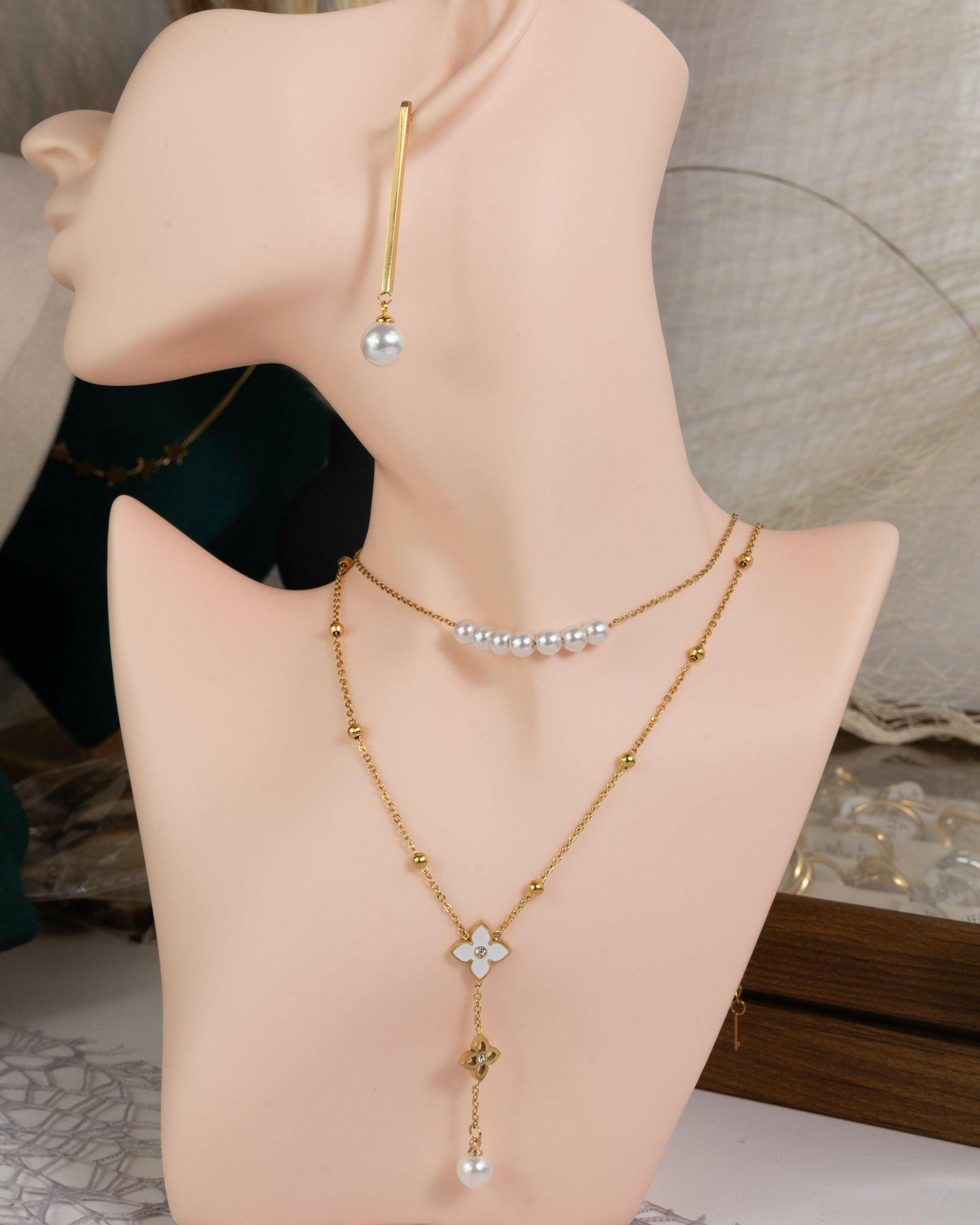 Lucky Clover Pearl Cascade-Halskette - Glanzor
